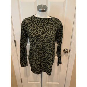 Le Superbe Green Cashmere Leopard Print Zip-Neck Sweater, Size S